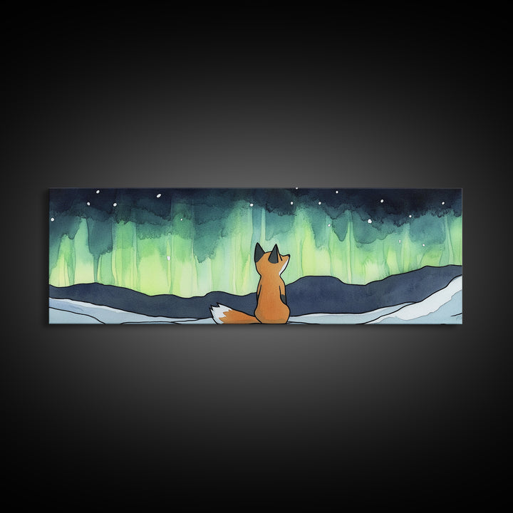 Fox Beneath Aurora Borealis Canvas Print, Winter Woodland Wall Art, Arctic Animal Decor, Cozy Nursery Art Print, Kids Room Decor