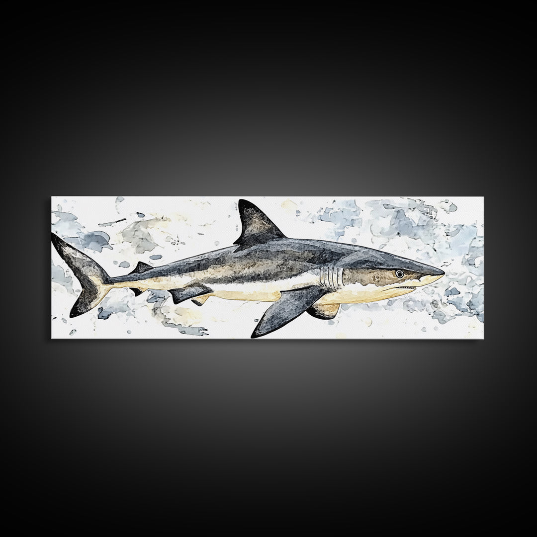 Great White Shark Watercolor Canvas Print, Ocean Wildlife Wall Art, Nautical Bathroom Decor, Coastal Kids Room Art Print