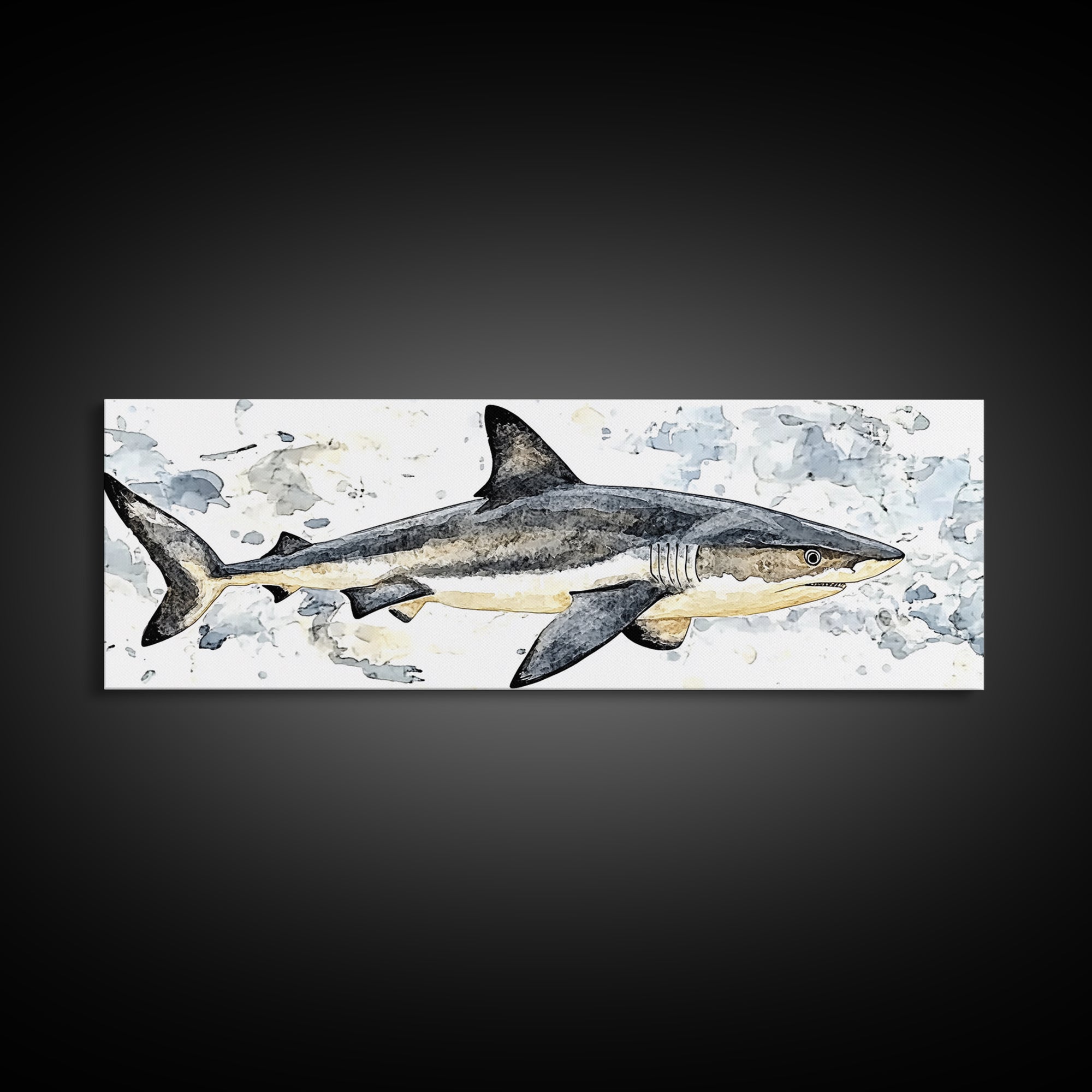 Great White Shark Watercolor Canvas Print, Ocean Wildlife Wall Art, Nautical Bathroom Decor, Coastal Kids Room Art Print