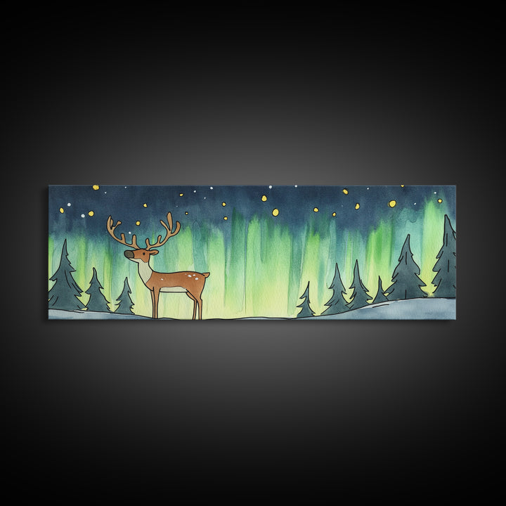 Deer Under Northern Lights Wall Art, Winter Forest Canvas Print, Rustic Wildlife Decor, Woodland Nursery Art Print, Cabin Wall Decor