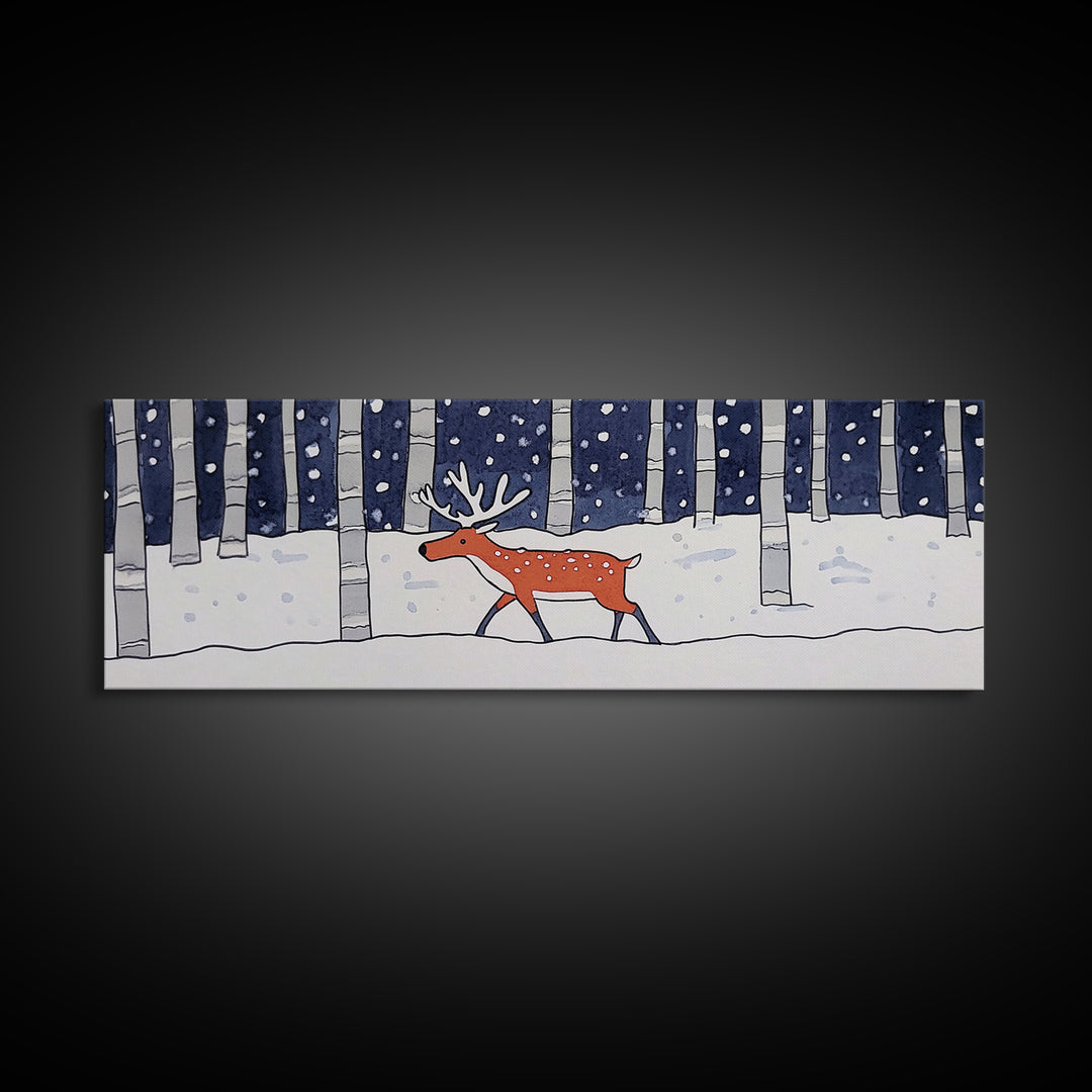 Snowy Birch Forest Reindeer Wall Art, Whimsical Woodland Animal Print, Winter Nursery Decor, Rustic Cabin Home Decor Gift