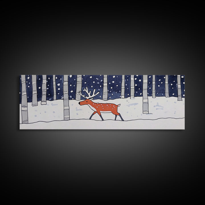 Snowy Birch Forest Reindeer Wall Art, Whimsical Woodland Animal Print, Winter Nursery Decor, Rustic Cabin Home Decor Gift