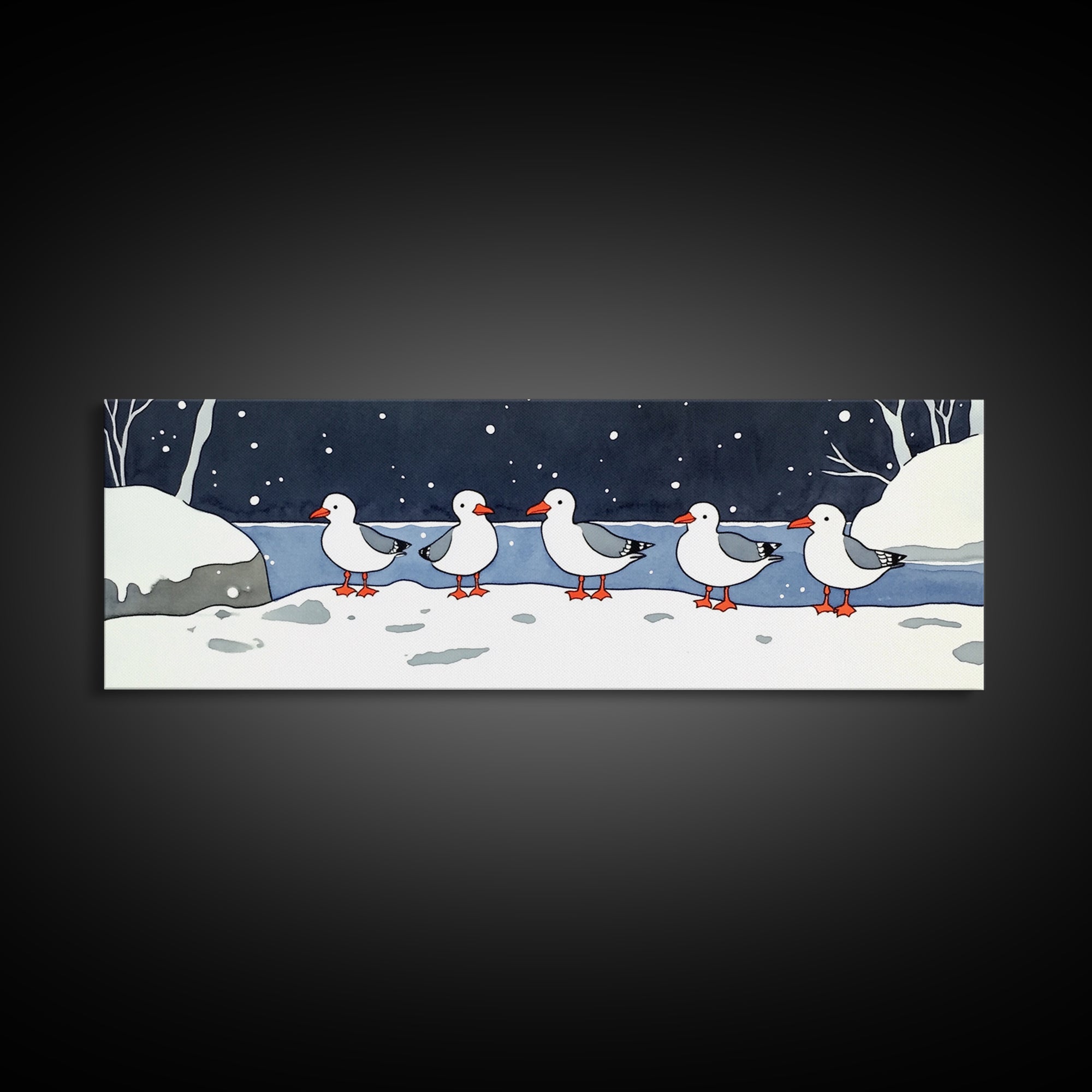 Snowy Ducks In Winter Pond Wall Art, Whimsical Bird Print, Farmhouse Cabin Decor, Cute Animal Nursery Wall Decor Gift Idea