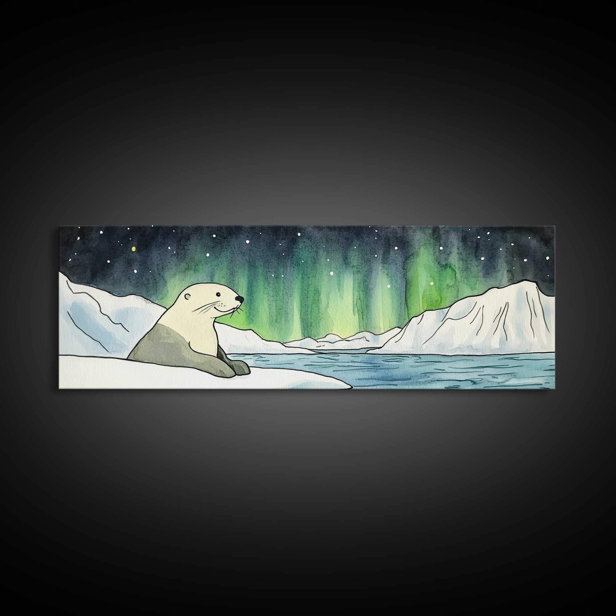 Polar Bear Northern Lights Wall Art, Arctic Wildlife Print, Winter Landscape Decor, Coastal Ocean Nursery Wall Decor Gift