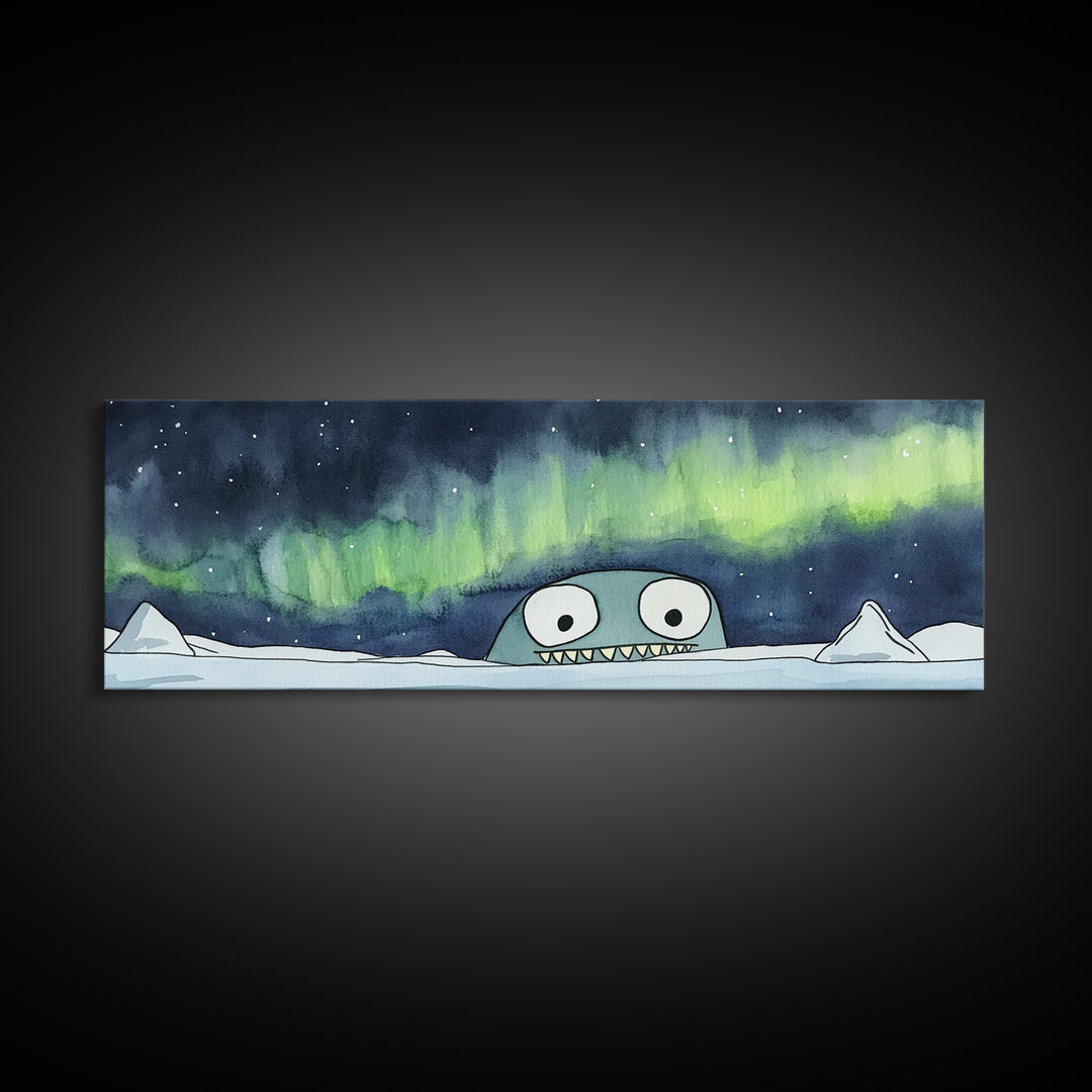 Cute Sea Monster Northern Lights Wall Art, Whimsical Arctic Print, Kids Room Decor, Playroom Nursery Wall Decor Gift For Kids