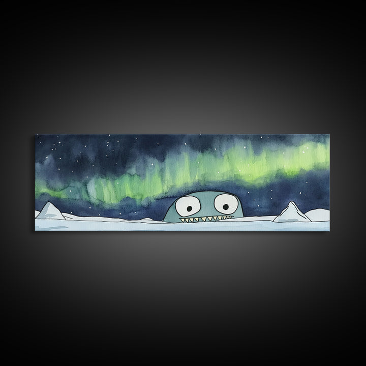 Cute Sea Monster Northern Lights Wall Art, Whimsical Arctic Print, Kids Room Decor, Playroom Nursery Wall Decor Gift For Kids