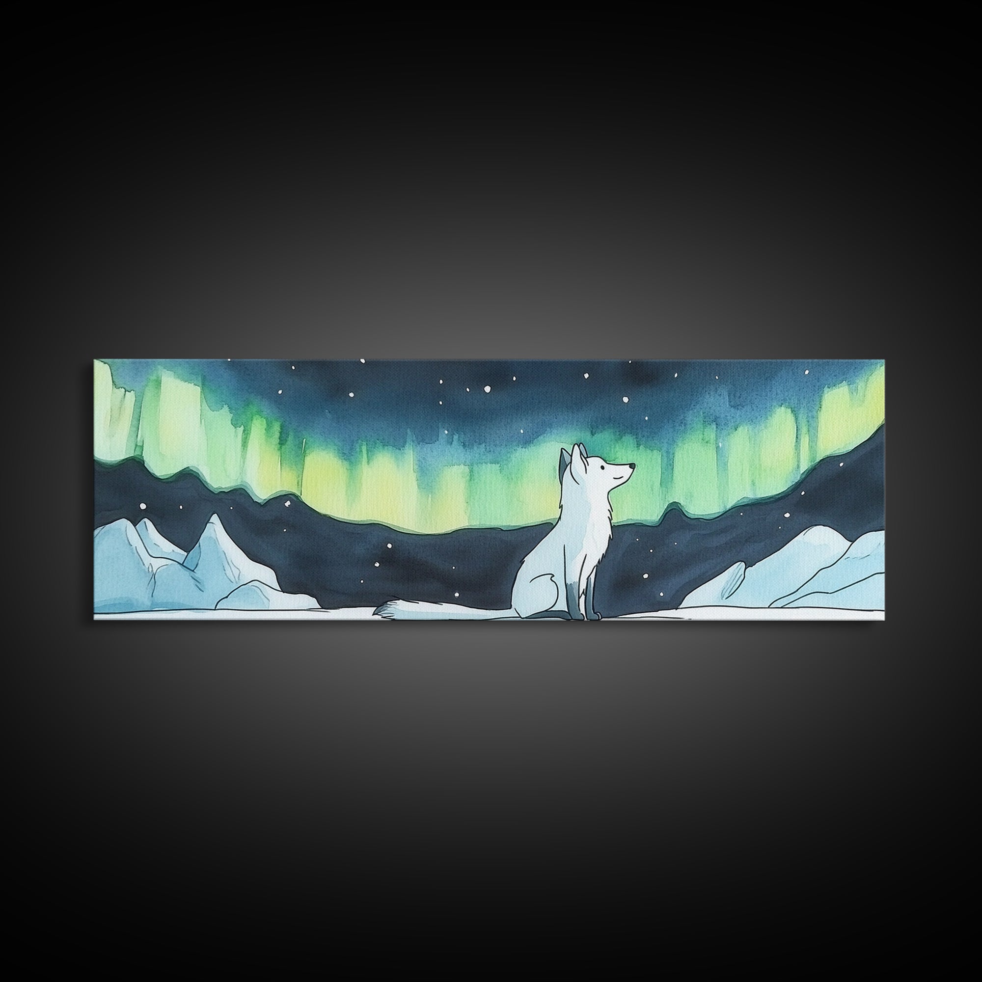 Arctic Fox Under Green Northern Lights Canvas Print, Aurora Borealis Wall Decor, Winter Nursery Art, Celestial Nature Gift