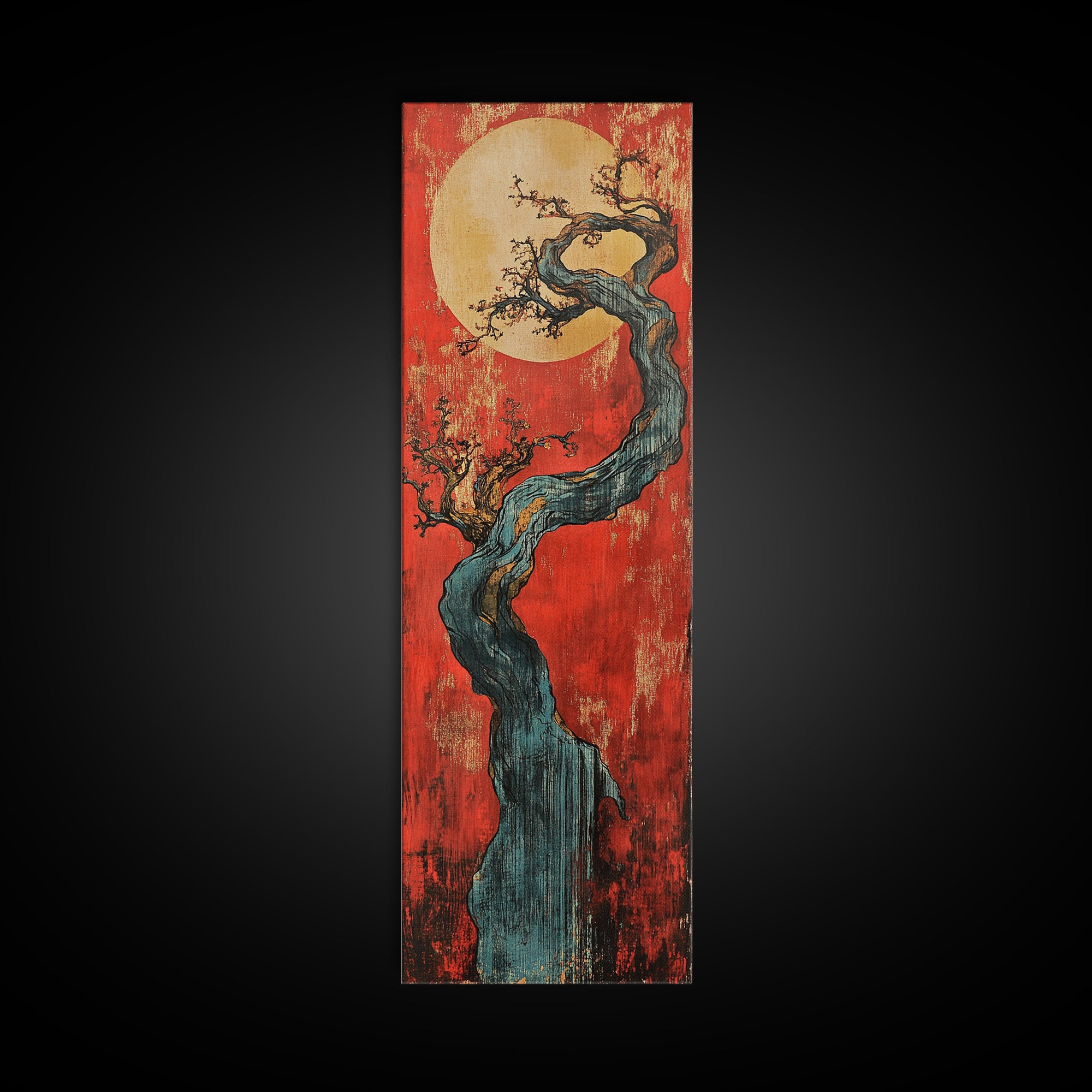 Twisted Blue Tree And Full Moon Framed Canvas Print, Japanese Wall Art, Red Sunset Decor, Long Narrow Statement Artwork Print