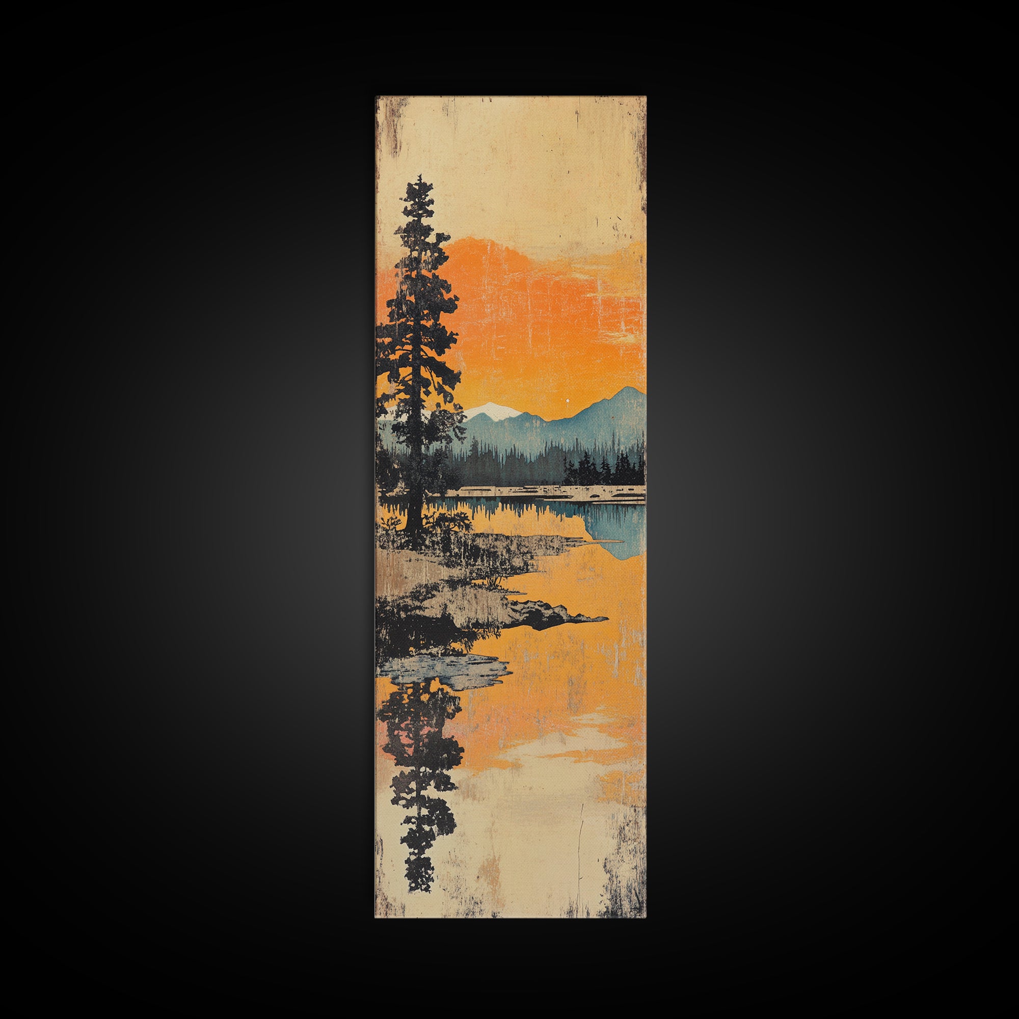 Orange Mountain Lake Reflection Canvas Print, Japanese Landscape Wall Art, Pine Forest Decor, Serene Sunset Living Room Art