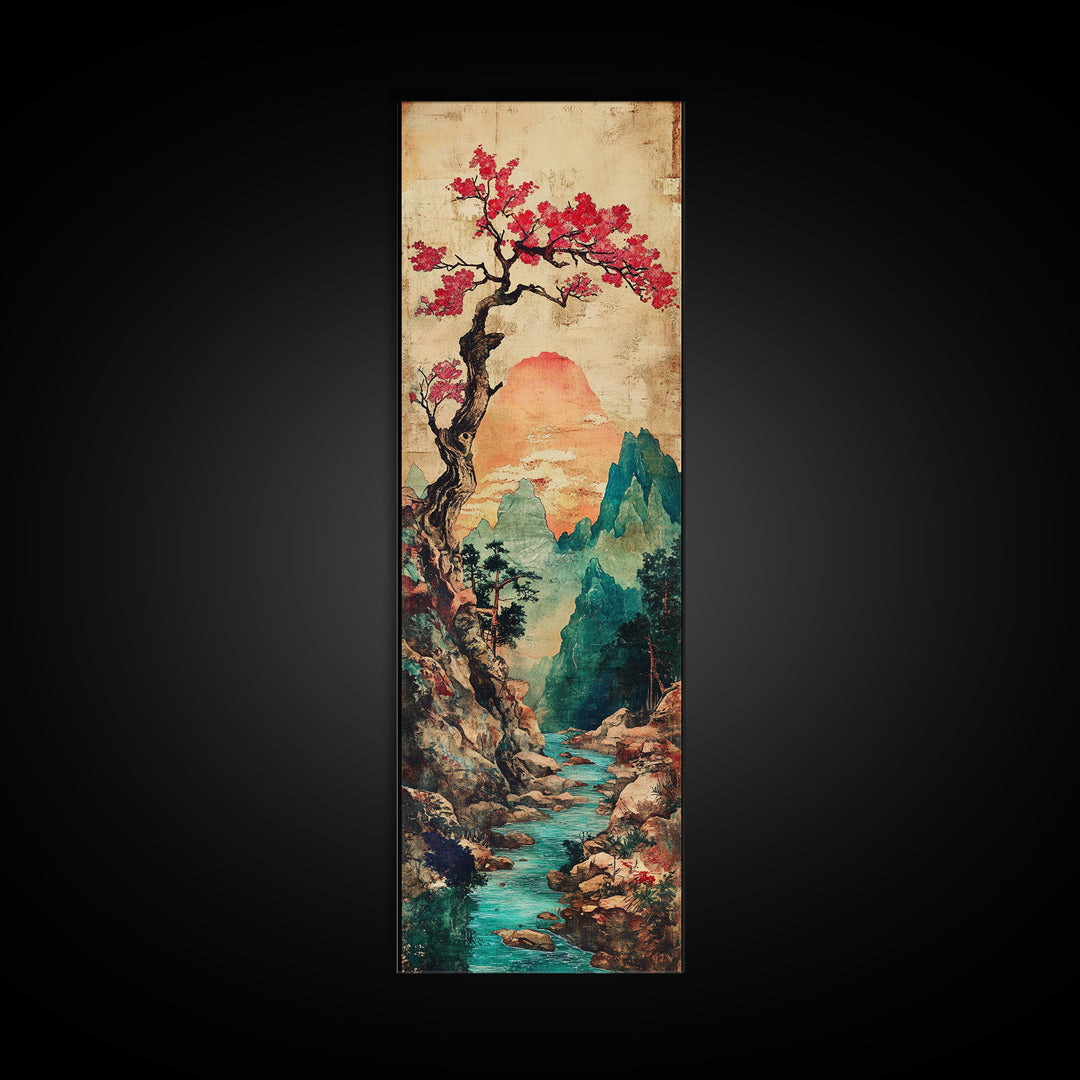 Cherry Blossom Mountain River Canvas Print, Japanese Landscape Wall Art, Teal Nature Decor, Romantic Spring Home Decor Print