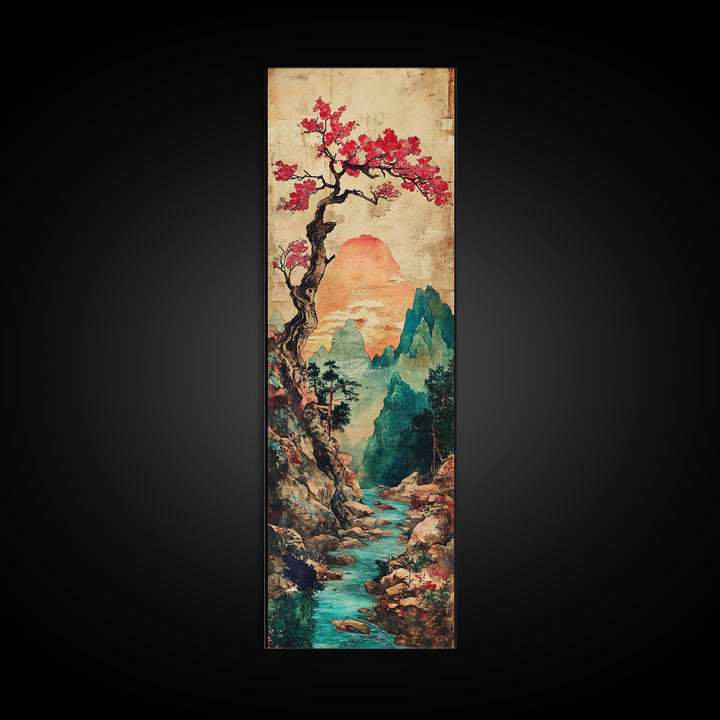 Cherry Blossom Mountain River Canvas Print, Japanese Landscape Wall Art, Teal Nature Decor, Romantic Spring Home Decor Print
