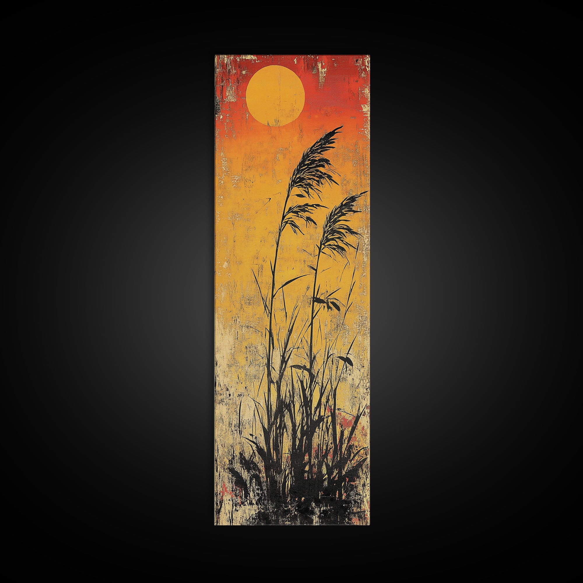 Golden Sun Reeds Silhouette Wall Art, Japanese Minimalist Print, Warm Orange Decor, Long Narrow Boho Canvas Print Home Decor