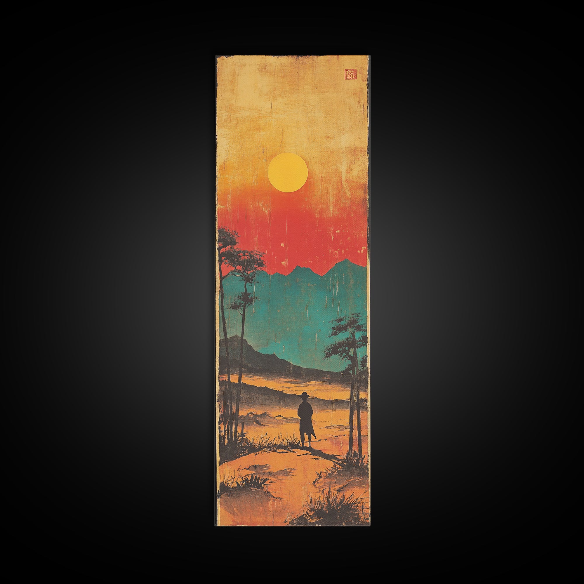 Lone Figure At Sunset Mountain Lake Framed Canvas Print, Japanese Landscape Wall Art, Moody Nature Decor, Vertical Poster