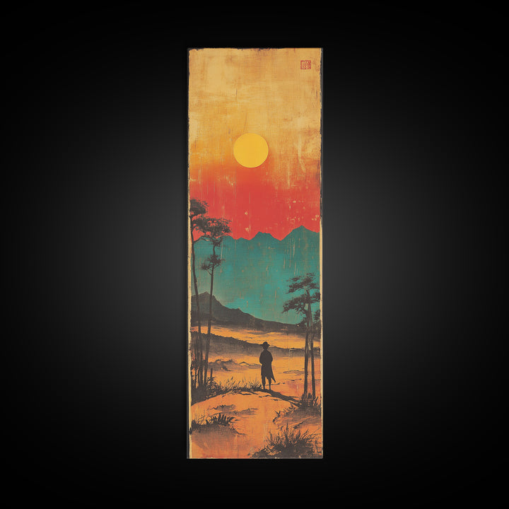 Lone Figure At Sunset Mountain Lake Framed Canvas Print, Japanese Landscape Wall Art, Moody Nature Decor, Vertical Poster