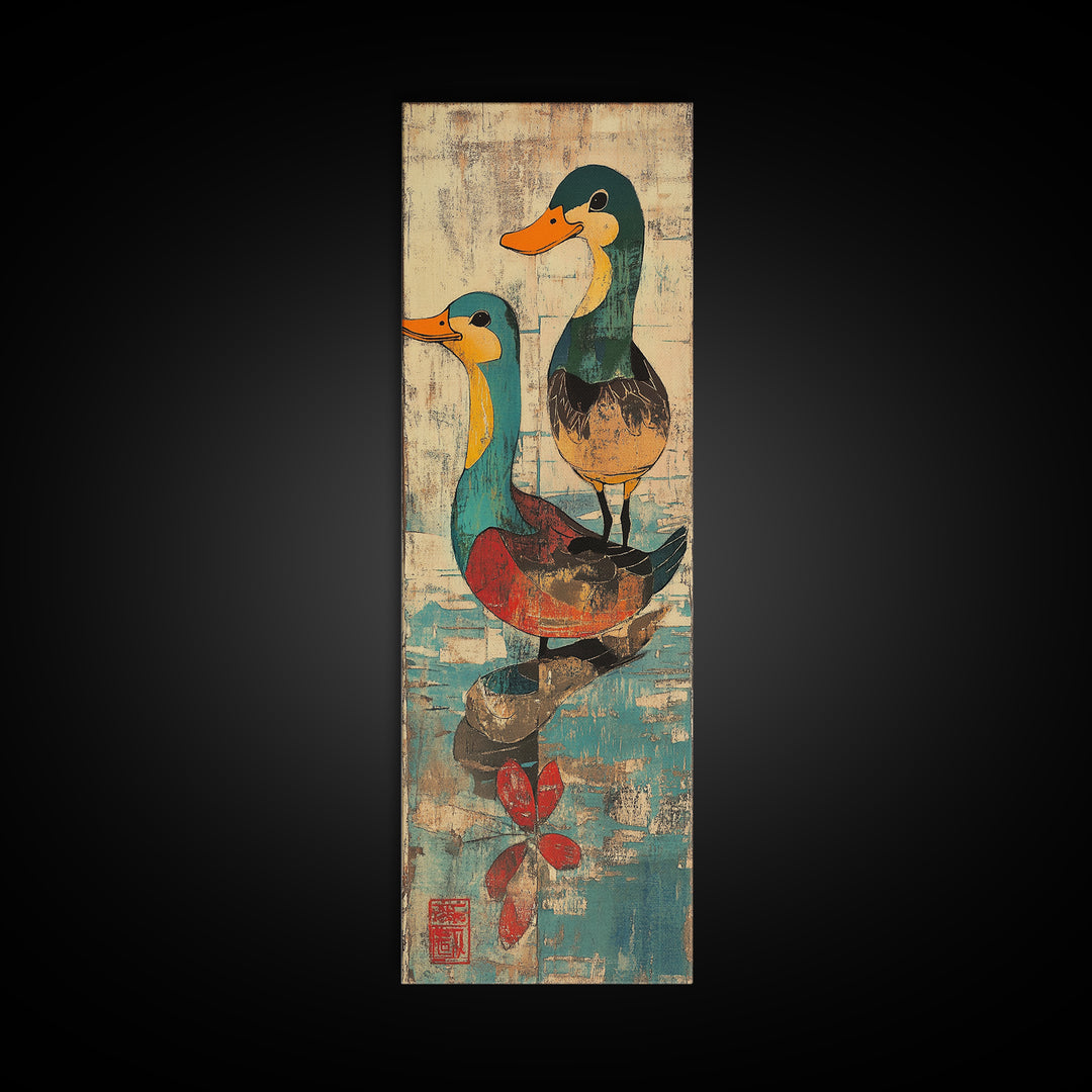 Two Colorful Mallard Ducks Wall Art, Whimsical Animal Print, Japanese Style Bathroom Decor, Cute Nursery Canvas Print Gift
