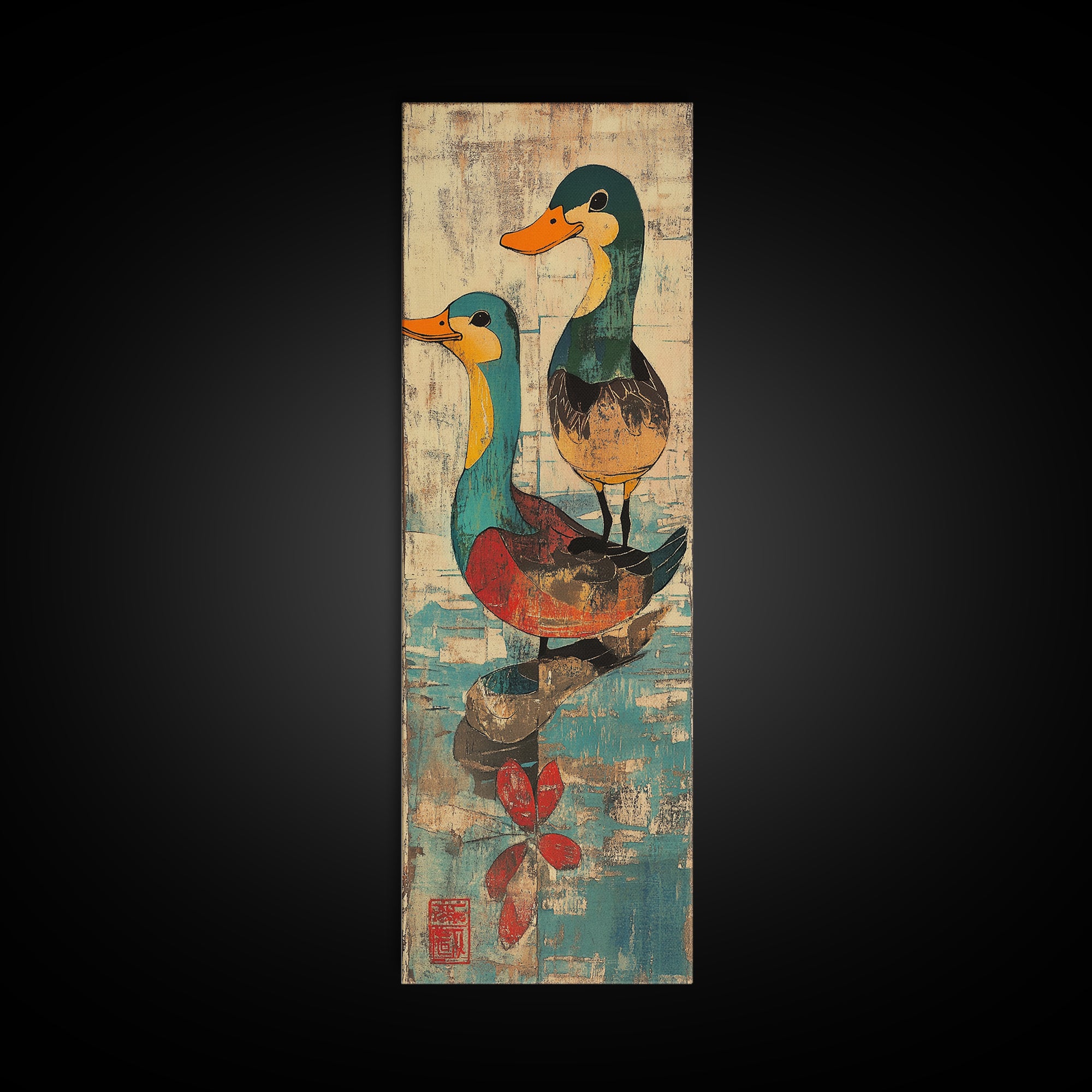 Two Colorful Mallard Ducks Wall Art, Whimsical Animal Print, Japanese Style Bathroom Decor, Cute Nursery Canvas Print Gift