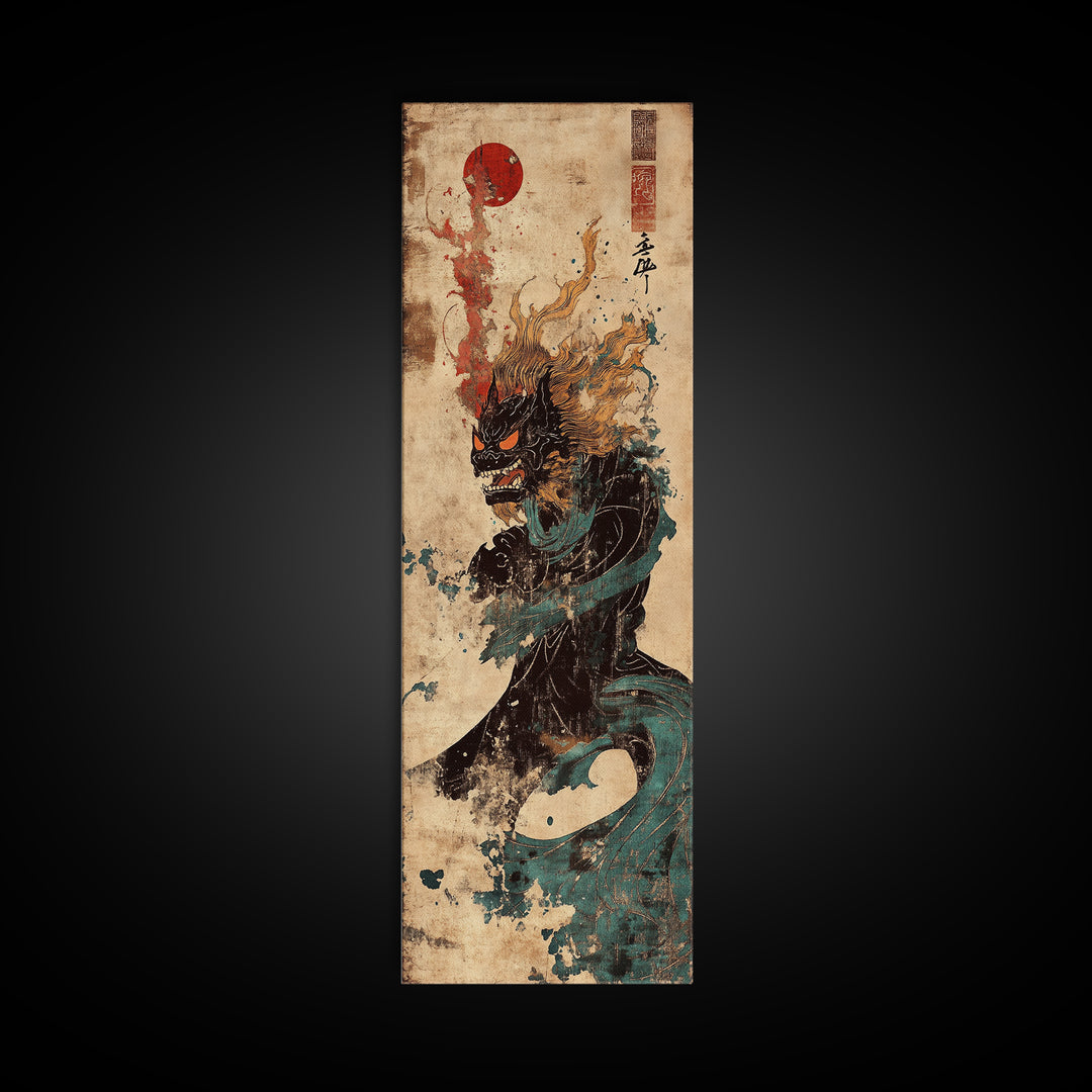 Dark Japanese Dragon With Red Sun Canvas Print, Mythical Fantasy Wall Art, Asian Warrior Decor, Gothic Statement Poster Art