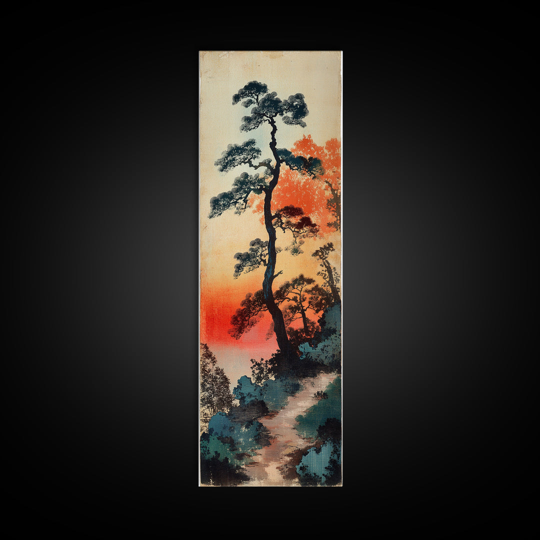 Tall Pine Trees At Sunset Wall Art, Japanese Forest Landscape Print, Misty Nature Decor, Long Vertical Canvas Print Home Decor