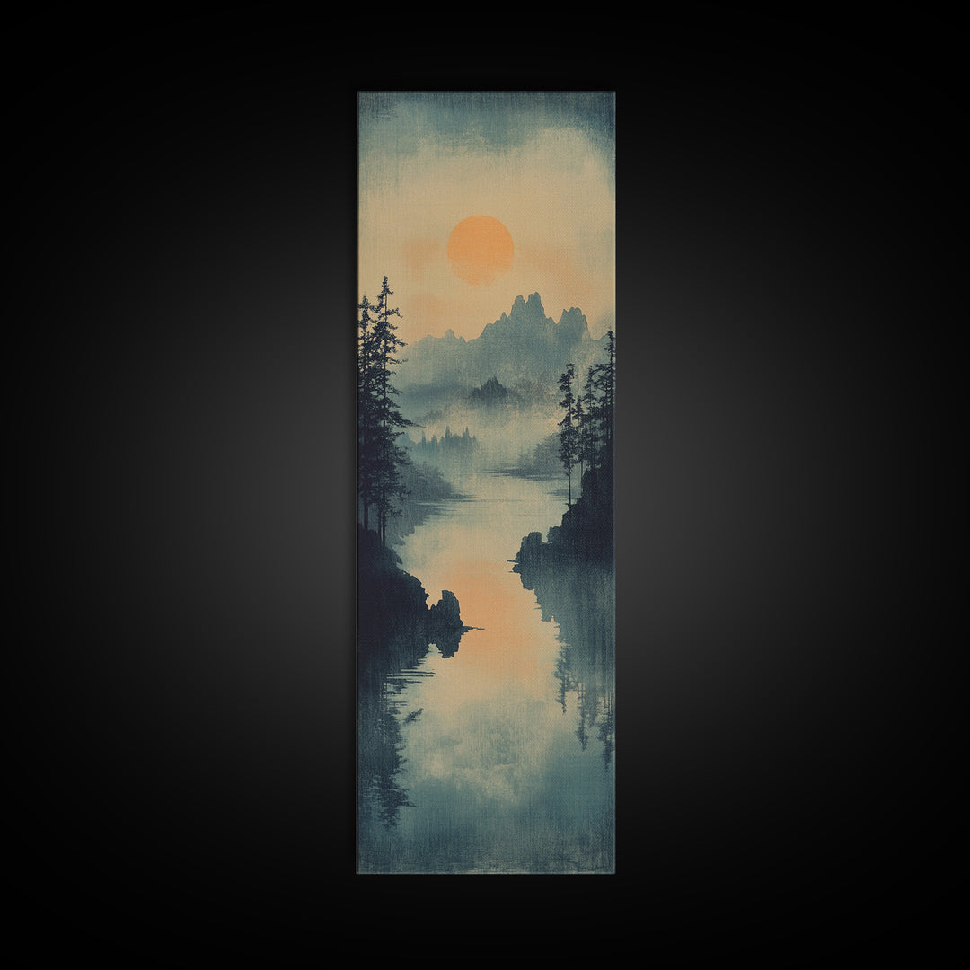 Misty Pine Lake Sunset Wall Art, Japanese Landscape Print, Moody Mountain Decor, Calming Nature Art For Living Room Wall Decor
