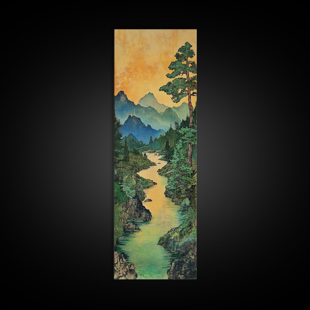 Turquoise River Mountain Landscape Wall Art, Japanese Nature Print, Rustic Cabin Decor, Large Canvas Wall Art For Living Room