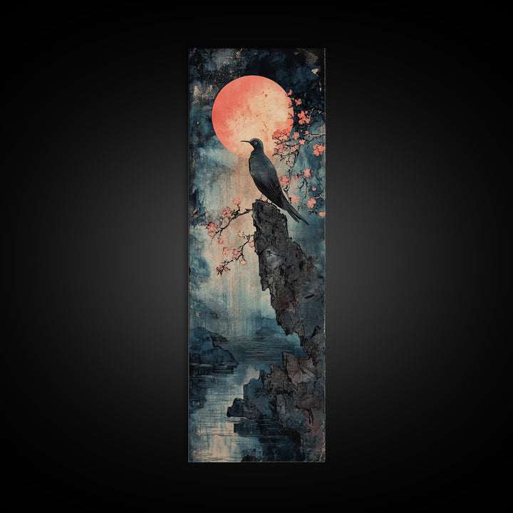 Black Bird By Pink Moon, Japanese Seascape Wall Art, Cherry Blossom Print, Moody Coastal Decor, Large Canvas Wall Art For Living Room