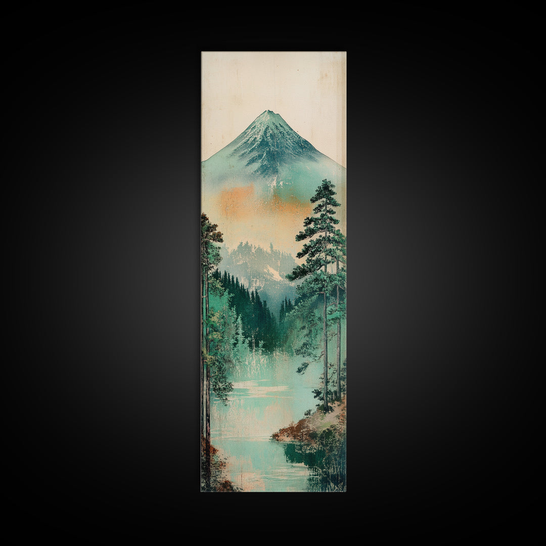 Mount Fuji Lake And Pine Forest Wall Art, Japanese Landscape Print, Japandi Decor, Calming Nature Fine Art Framed Canvas Print