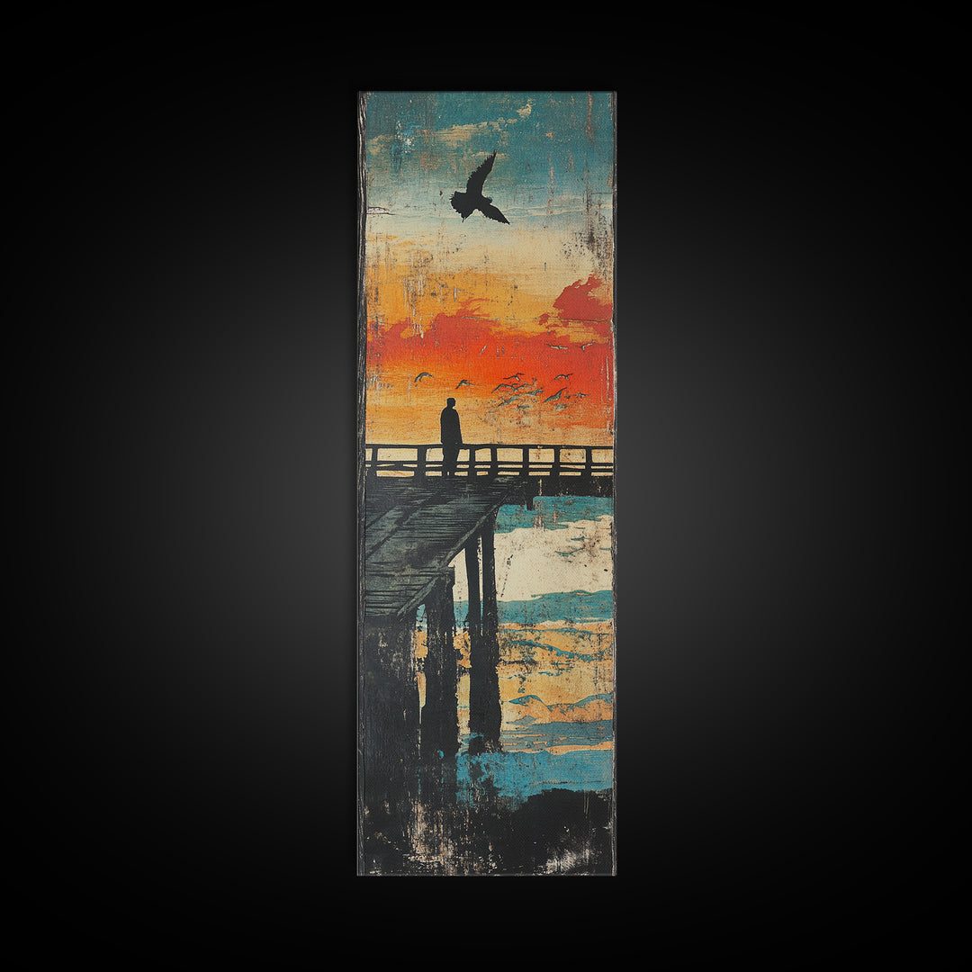 Sunset Pier Silhouette Framed Canvas Print, Coastal Wall Art, Ocean Landscape Art, Seaside Wall Decor, Living Room Decor