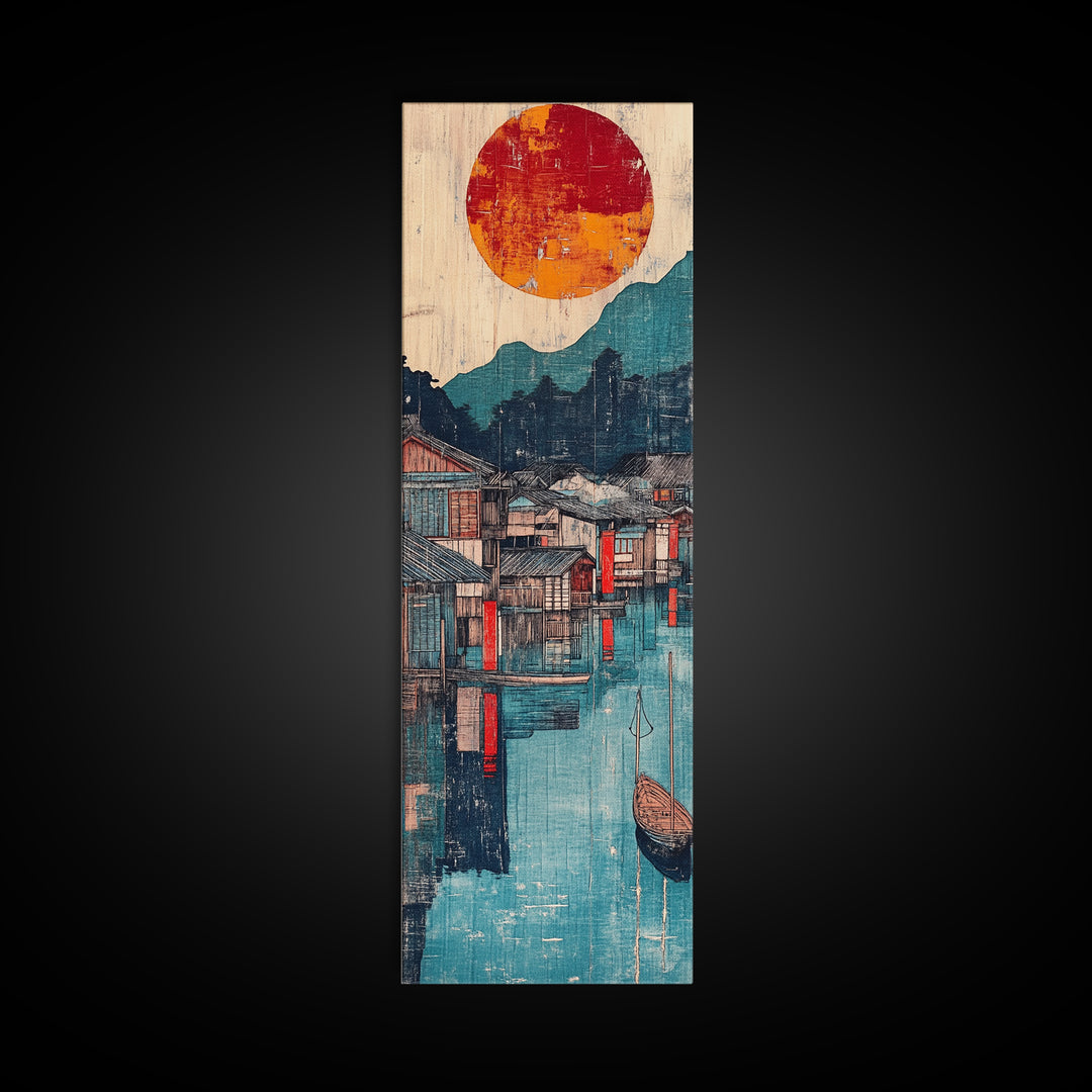 Harbor Village At Sunset Framed Canvas Print, Japanese Wall Art, Mountain Lake Decor, Asian Landscape Print, Coastal Home Decor