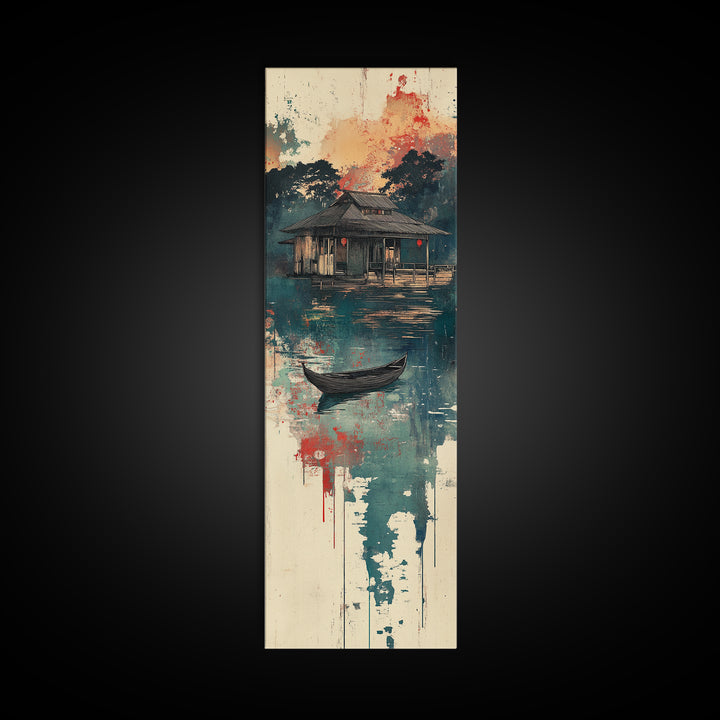 Floating Lake House Canvas Print, Misty Japanese Wall Art, Serene Boat Landscape, Japandi Decor, Peaceful Coastal Wall Decor