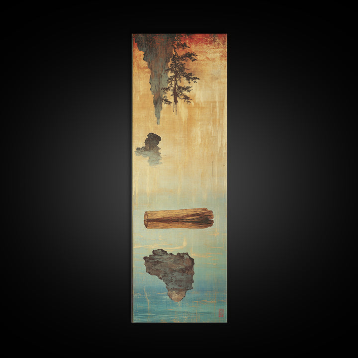 Floating Log And Stone Canvas Print, Japanese Zen Landscape Wall Art, Rustic Wabi Sabi Decor For Serene Living Room Decor
