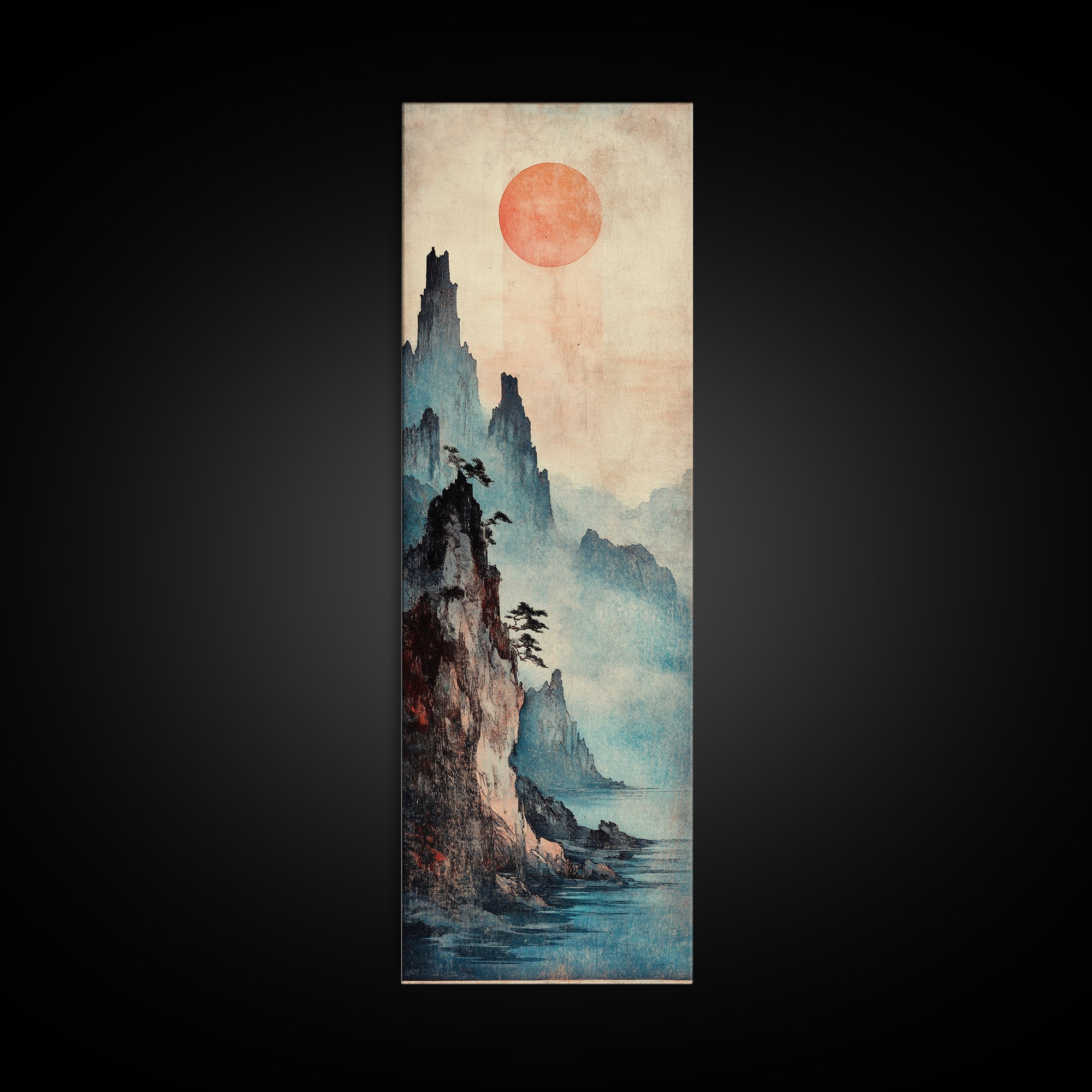 Red Sun Misty Mountain Wall Art, Japanese Landscape Canvas Print, Moody Asian Decor, Serene Nature Art For Living Room Decor