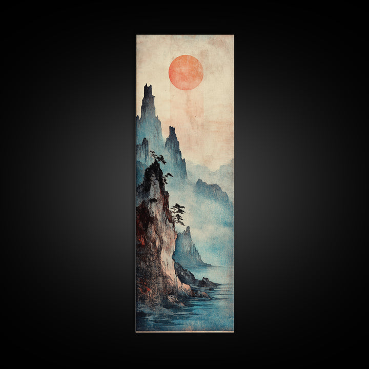 Red Sun Misty Mountain Wall Art, Japanese Landscape Canvas Print, Moody Asian Decor, Serene Nature Art For Living Room Decor