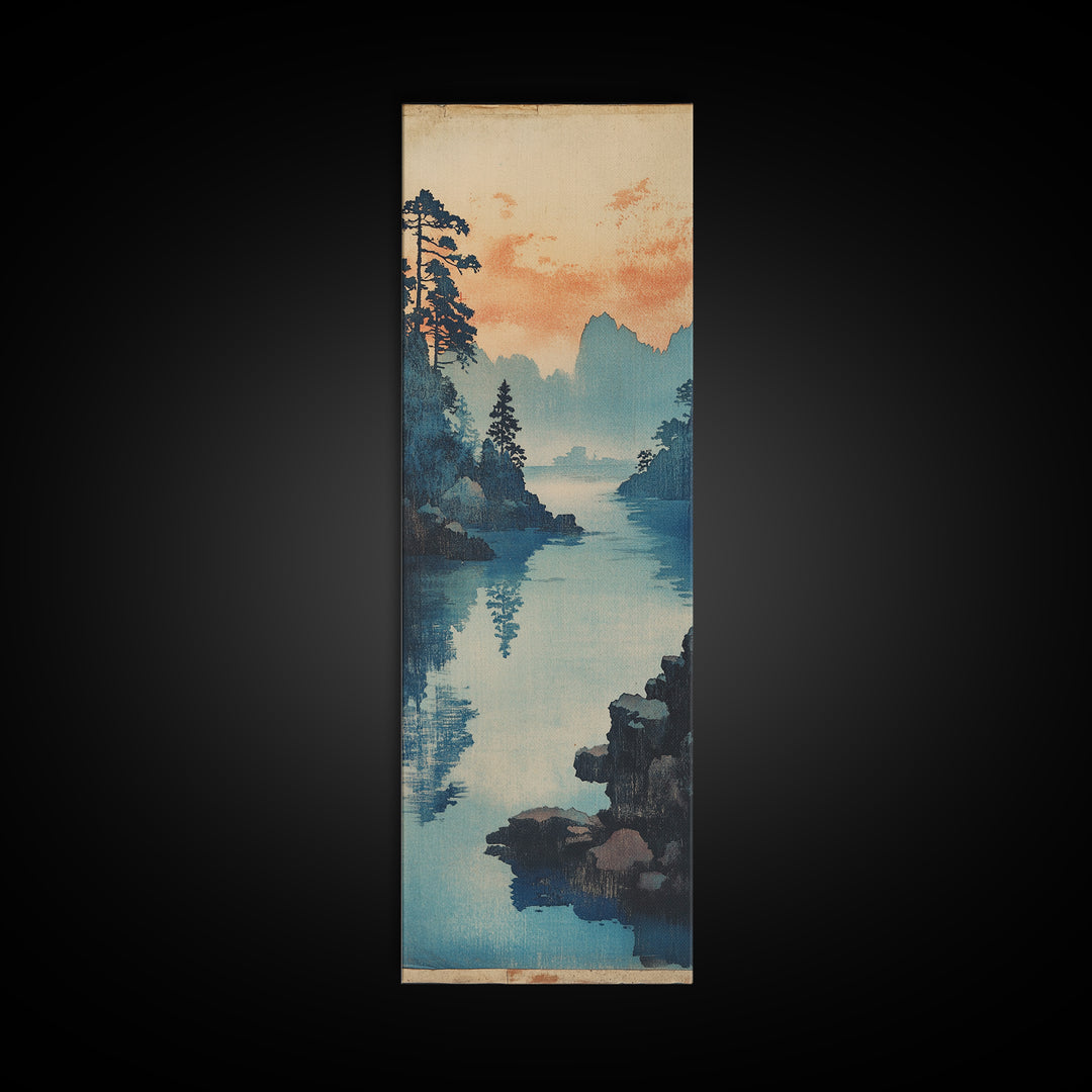 Blue Lake And Pine Forest Wall Art, Japanese Landscape Canvas Print, Serene Coastal Nature Decor For Living Room Above Sofa Decor