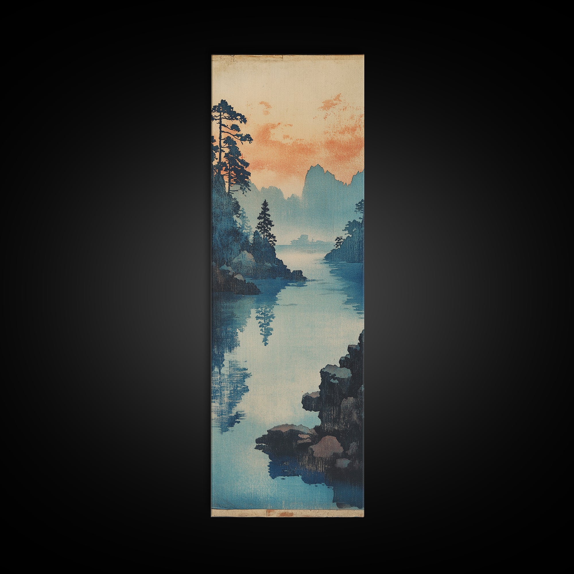 Blue Lake And Pine Forest Wall Art, Japanese Landscape Canvas Print, Serene Coastal Nature Decor For Living Room Above Sofa Decor