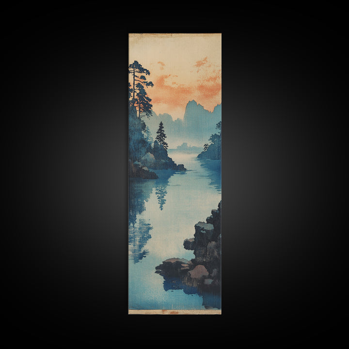 Blue Lake And Pine Forest Wall Art, Japanese Landscape Canvas Print, Serene Coastal Nature Decor For Living Room Above Sofa Decor