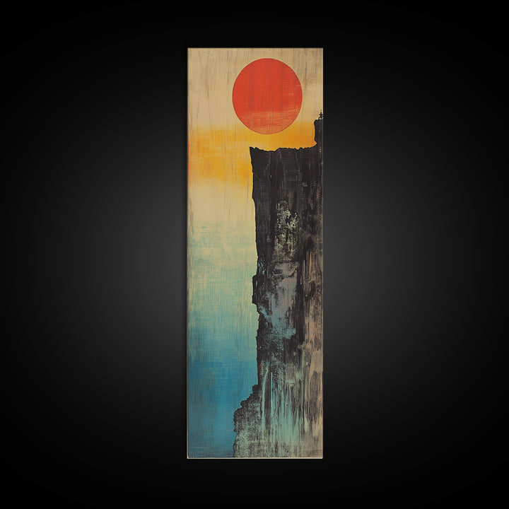 Red Sun Cliff Canvas Print, Japanese Wabi Sabi Landscape Wall Art, Minimalist Asian Decor For Modern Living Room Above Sofa