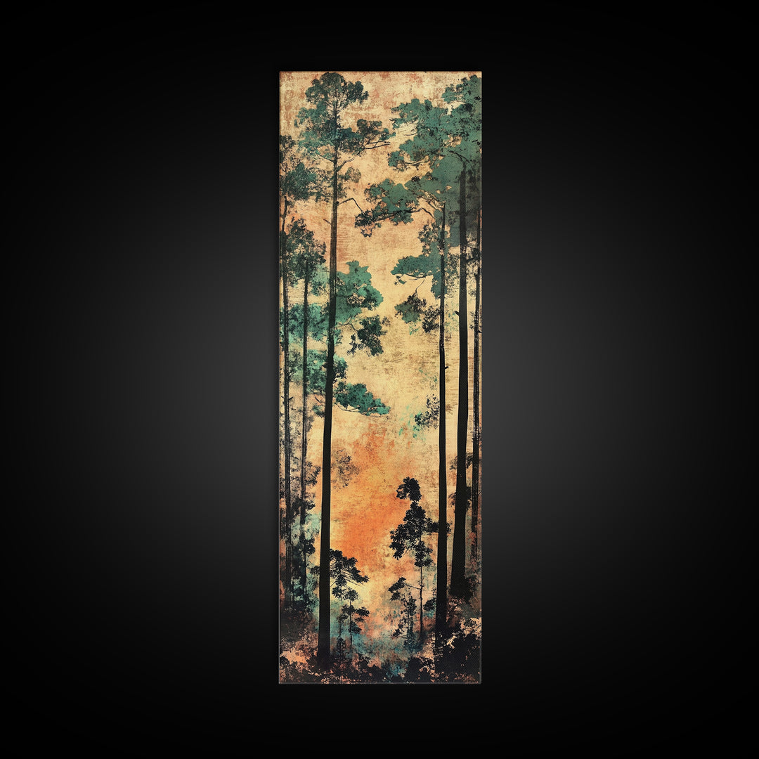 Tall Pine Forest Wall Art, Japanese Woodland Canvas Print, Rustic Nature Decor, Vertical Landscape For Cabin Living Room