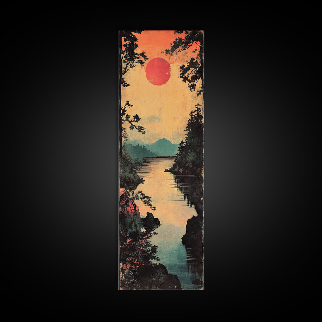 Red Sun River Wall Art, Japanese Pine Landscape Canvas Print, Serene Mountain Lake Decor For Living Room Above Sofa Wall Decor