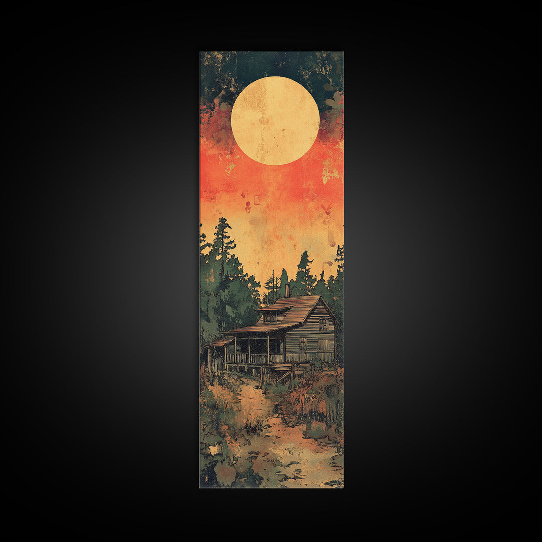 Rustic Cabin Moon Canvas Print, Japanese Forest Wall Art, Orange Sunset Landscape Decor For Cozy Cabin Living Room Wall Decor
