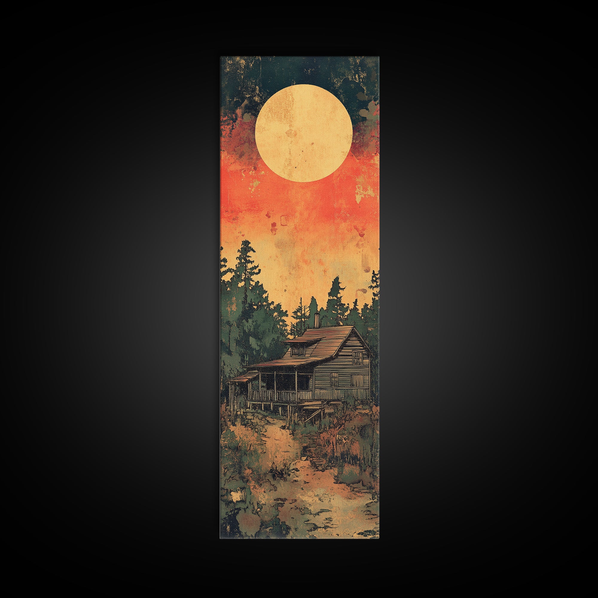 Rustic Cabin Moon Canvas Print, Japanese Forest Wall Art, Orange Sunset Landscape Decor For Cozy Cabin Living Room Wall Decor
