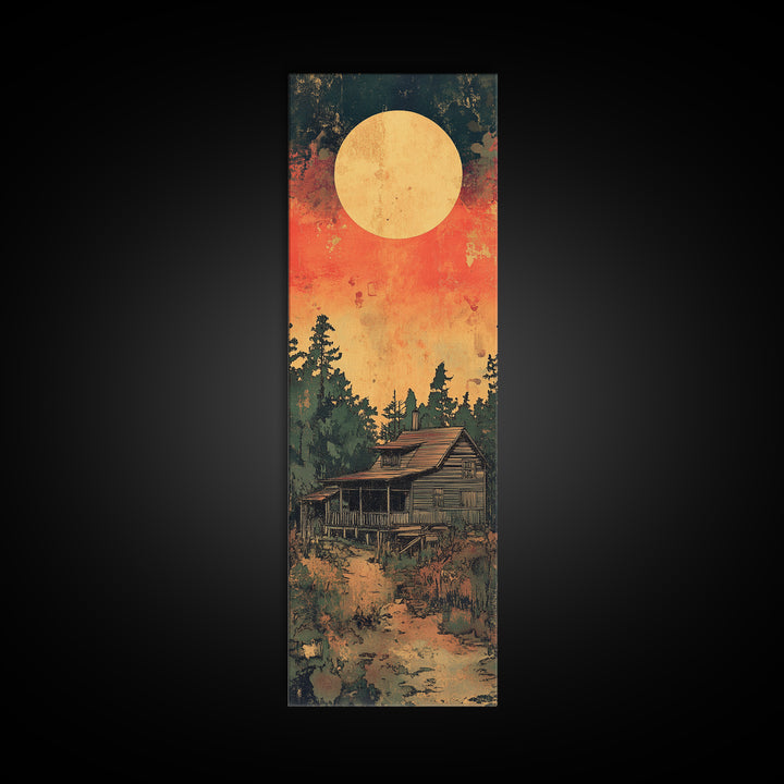 Rustic Cabin Moon Canvas Print, Japanese Forest Wall Art, Orange Sunset Landscape Decor For Cozy Cabin Living Room Wall Decor