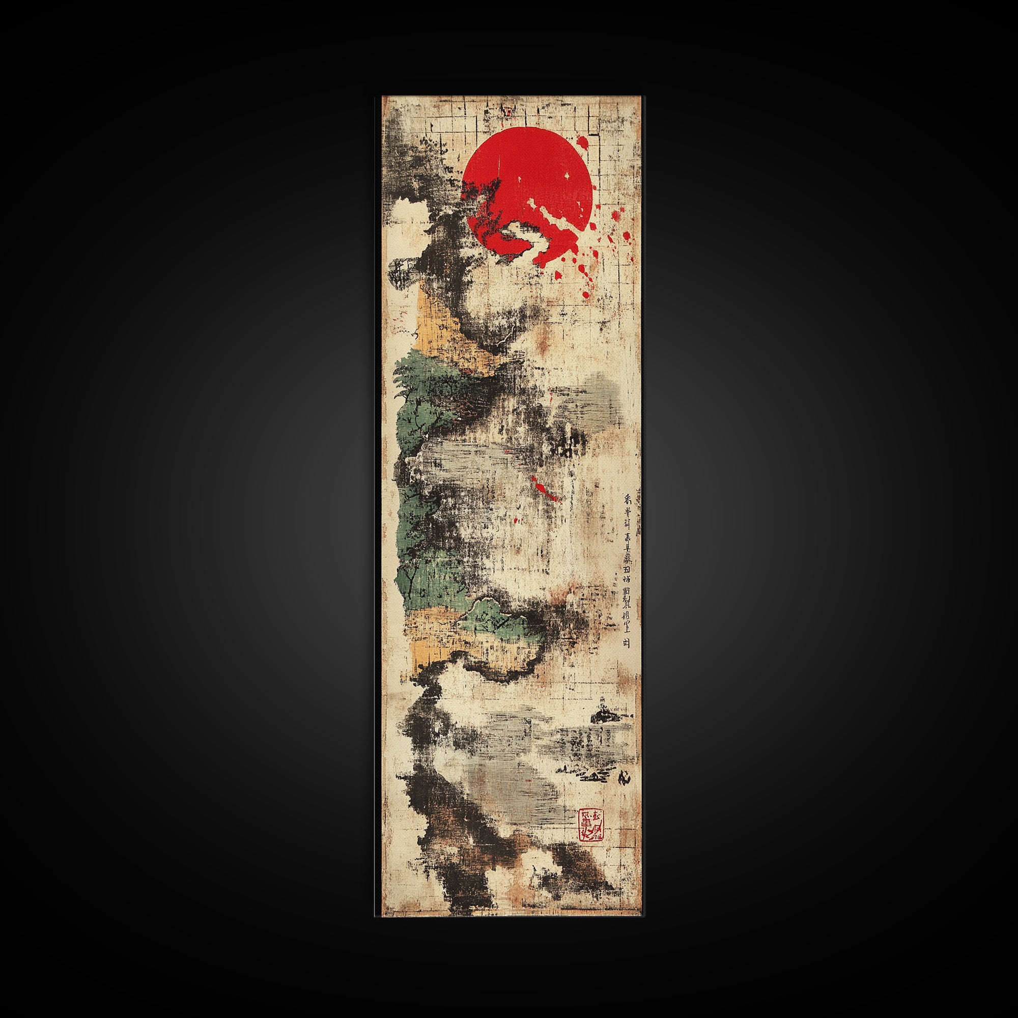 Abstract Sumi Ink Red Sun Wall Art, Japanese Minimalist Canvas Print, Wabi Sabi Decor, Modern Zen Office Wall Decor For Entryway