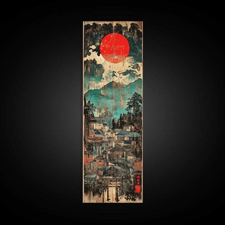 Red Sun Mountain Town Wall Art, Japanese Landscape Canvas Print, Rustic Wabi Sabi Decor, Teal Blue Living Room Wall Art Print