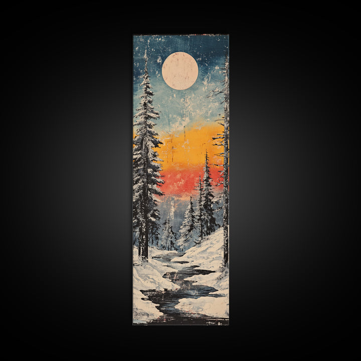 Snowy Pine Forest Moonrise Wall Art, Winter Landscape Canvas Print, Cozy Cabin Decor, Japandi Nature Art For Living Room