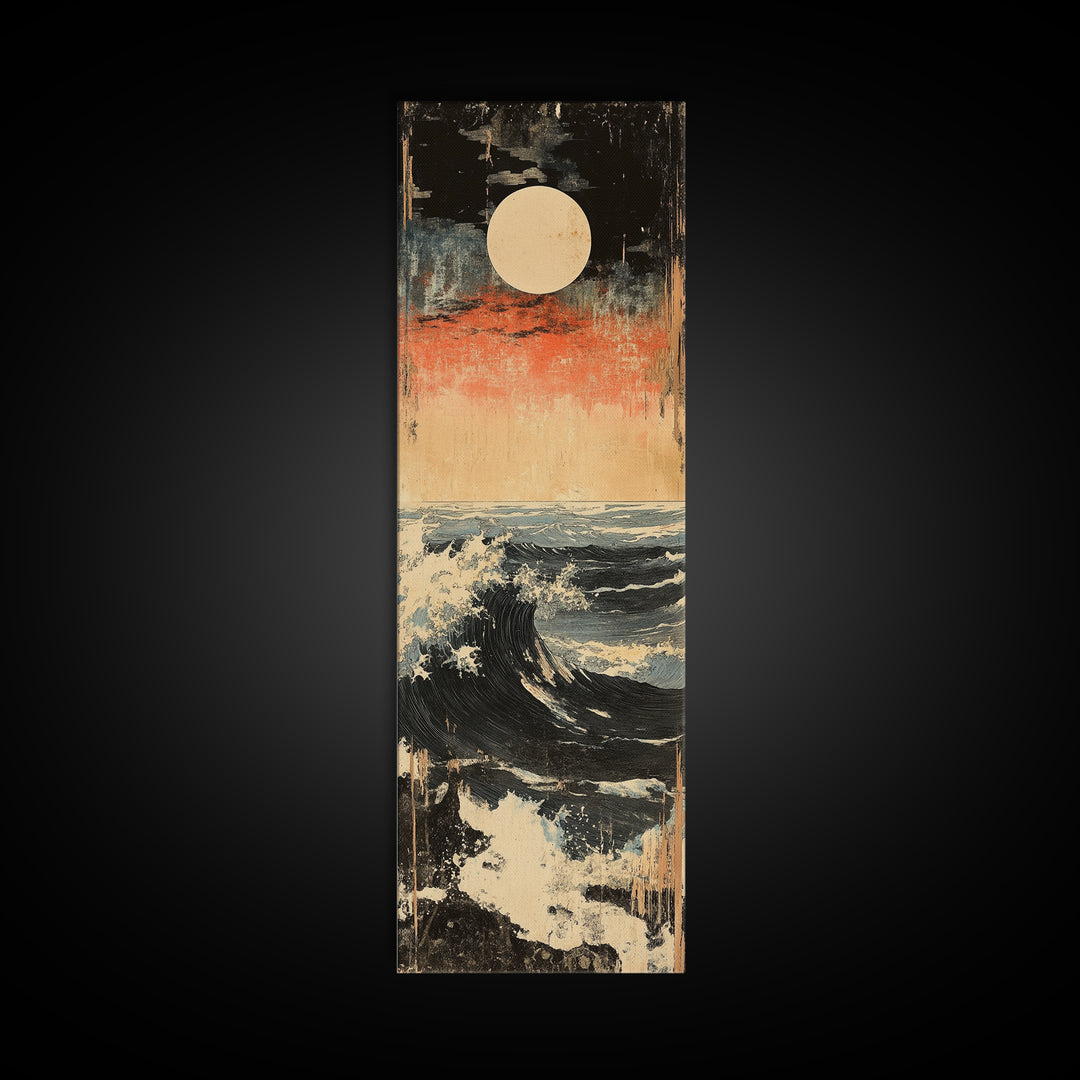 Full Moon Ocean Wave Wall Art, Japanese Seascape Canvas Print, Moody Coastal Decor, Blue Nautical Art For Living Room Decor