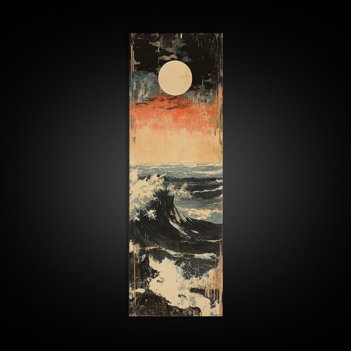 Full Moon Ocean Wave Wall Art, Japanese Seascape Canvas Print, Moody Coastal Decor, Blue Nautical Art For Living Room Decor