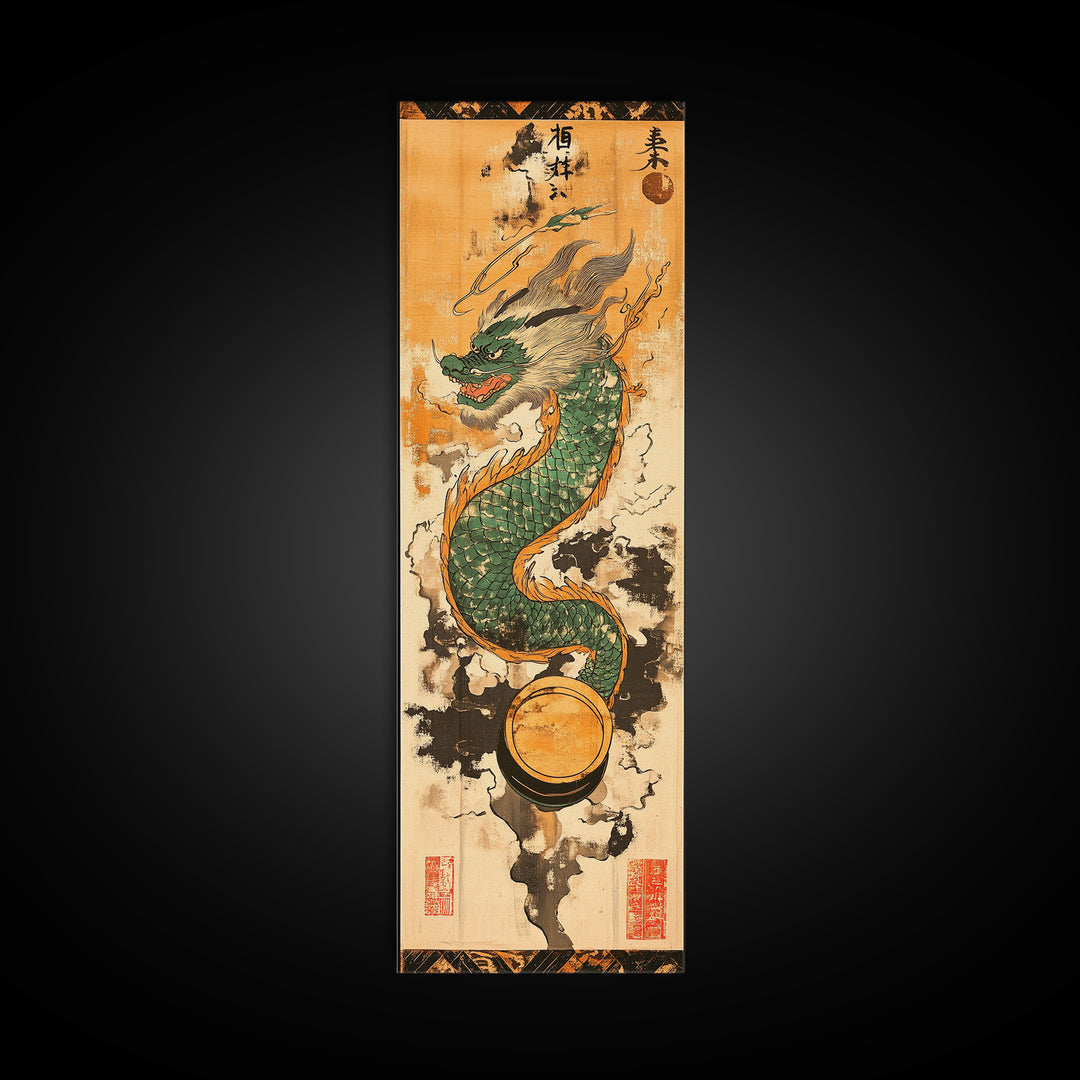 Emerald Japanese Dragon With Pearl Wall Art, Asian Fantasy Canvas Print, Mythical Creature Decor, Japanese Artwork Gift Idea