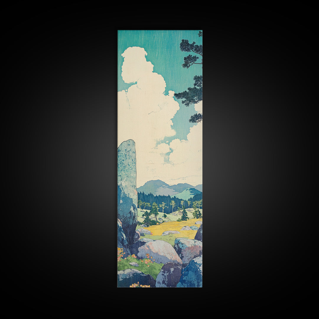 Blue Sky Cloud Meadow And Stone Wall Art, Japanese Landscape Canvas Print, Minimalist Nature Art, Serene Decor, Japandi Print