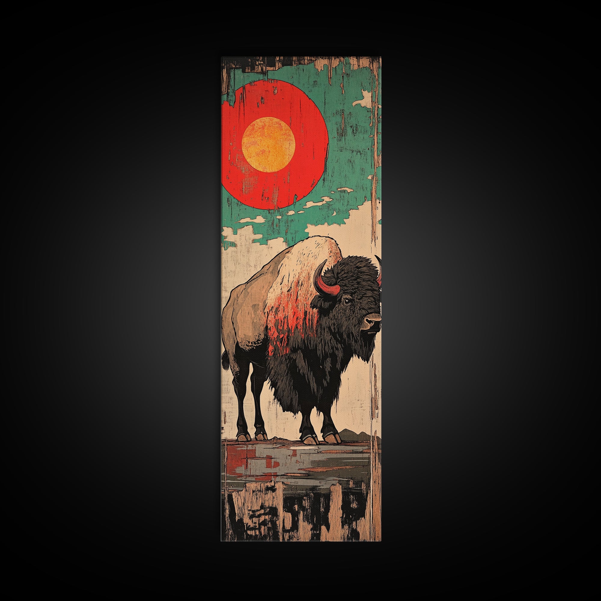 Red Sun Bison Wall Art, Bold Western Buffalo Canvas Print, Rustic Lodge Decor, Teal Desert Artwork, Housewarming Gift, Man Cave Decor