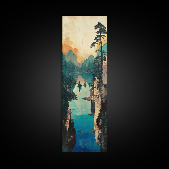 Turquoise Mountain Gorge Wall Art, Serene Lake Landscape Canvas Print, Japandi Nature Decor, Large Living Room Wall Art Print